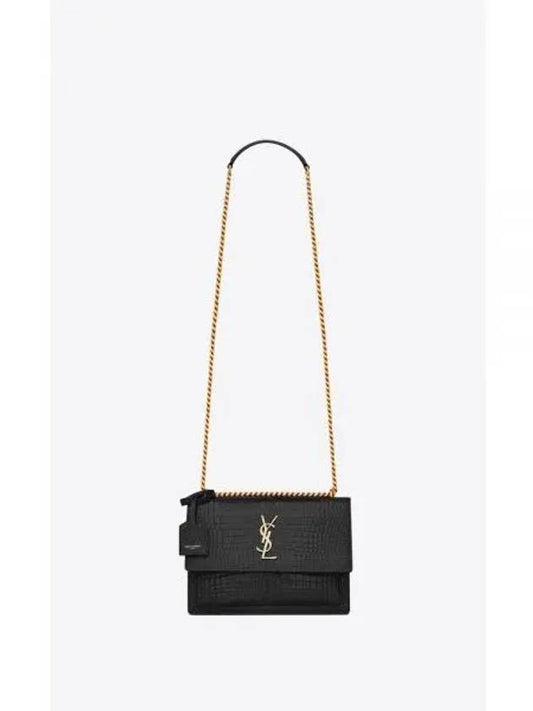 Gold Hardware Sunset Crocodile Embossed Leather Shoulder Bag Black - SAINT LAURENT - BALAAN 2