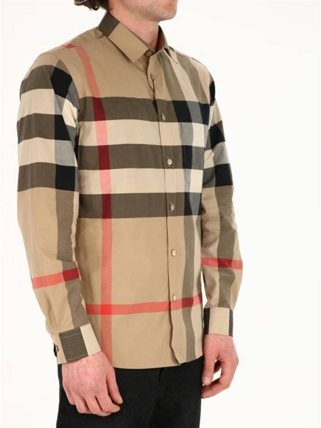 Check Stretch Cotton Poplin Long Sleeve Shirt Beige - BURBERRY - BALAAN 3