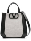 V Logo Canvas Leather Tote Bag Grey Black - VALENTINO - BALAAN 1