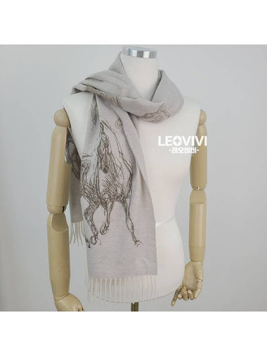 Pirouette au Galop Horse Drawing Pattern Cashmere Muffler Scarf Beige H392850T 04 - HERMES - BALAAN 1