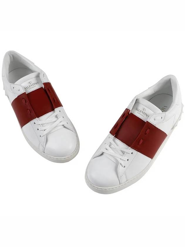 Men's Rockstude Open Leather Low Top Sneakers White Red - VALENTINO - BALAAN 4