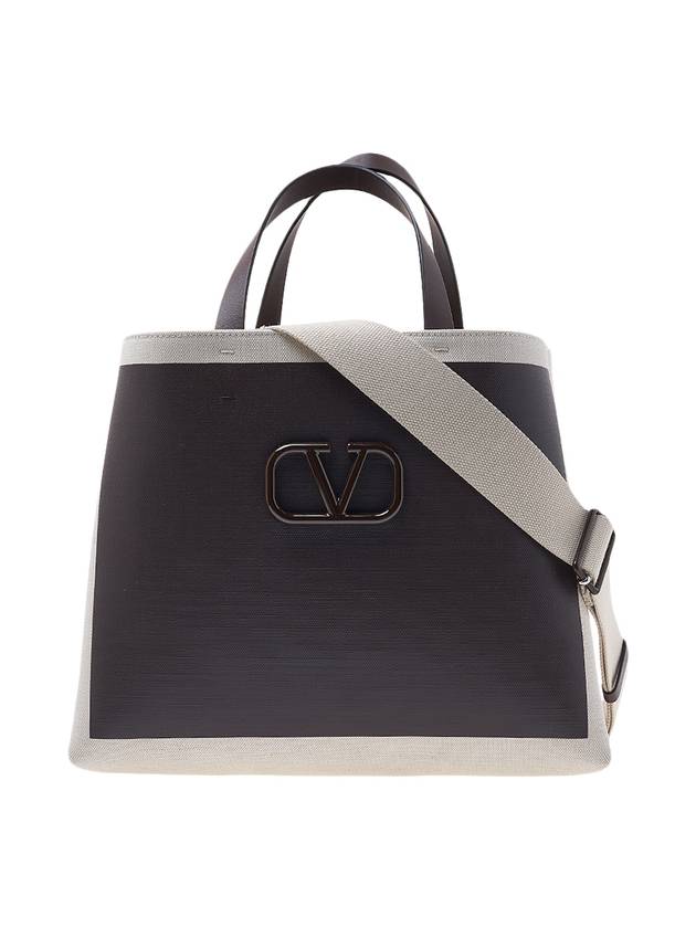 Signature V Logo Canvas Leather Tote Bag Brown - VALENTINO - BALAAN 1