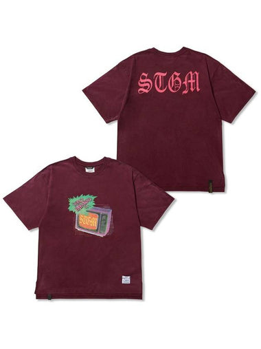 Paranoid TV Vintage Like Washed Oversized Short Sleeves T Shirts Burgundy - STIGMA - BALAAN 1