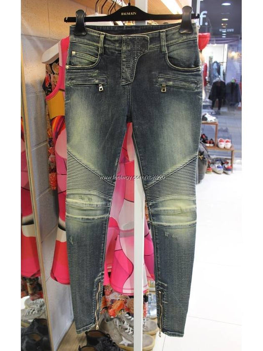 Women's Knock Washing Hidden Fur Moto Biker Jeans 5757241N C023 BLEU - BALMAIN - BALAAN 2