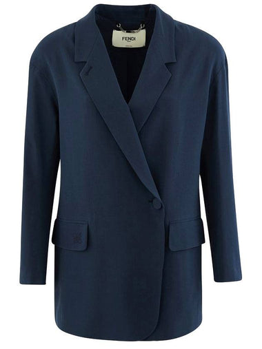 Crepe Silk Off Center Blazer Jacket Blue - FENDI - BALAAN 1