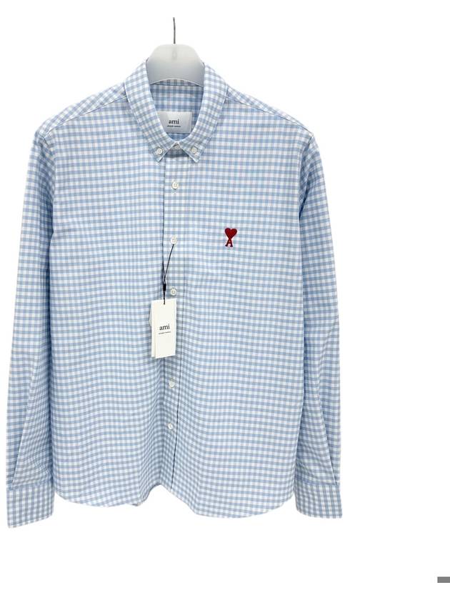 Small Heart Logo Gingham Button Long Sleeves Shirt Sky Blue - AMI - BALAAN 6