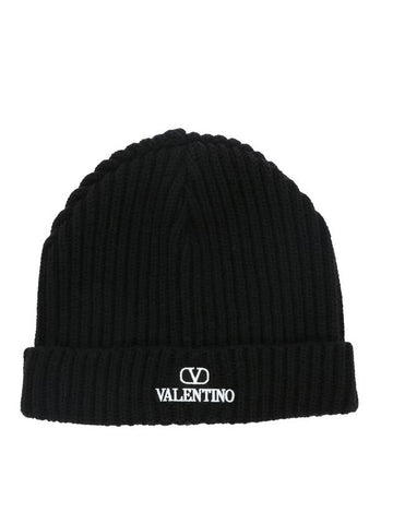 Embroidered Logo Ribbed Beanie Black - VALENTINO - BALAAN 1