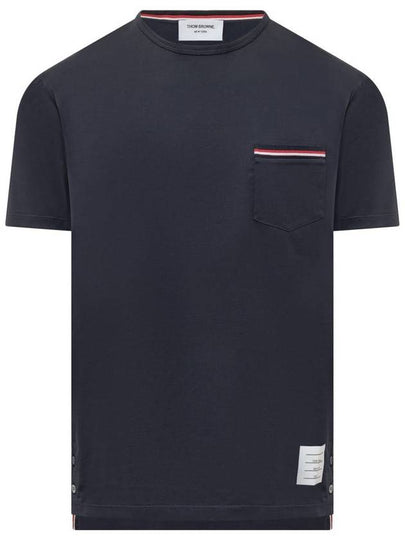 Men's Medium Weight Jersey Tipped Pocket Crewneck Short Short Sleeve T-Shirt Navy - THOM BROWNE - BALAAN 2