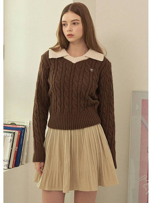 Women's Fluffy Open Collar Knit Top Brown - MICANE - BALAAN 1