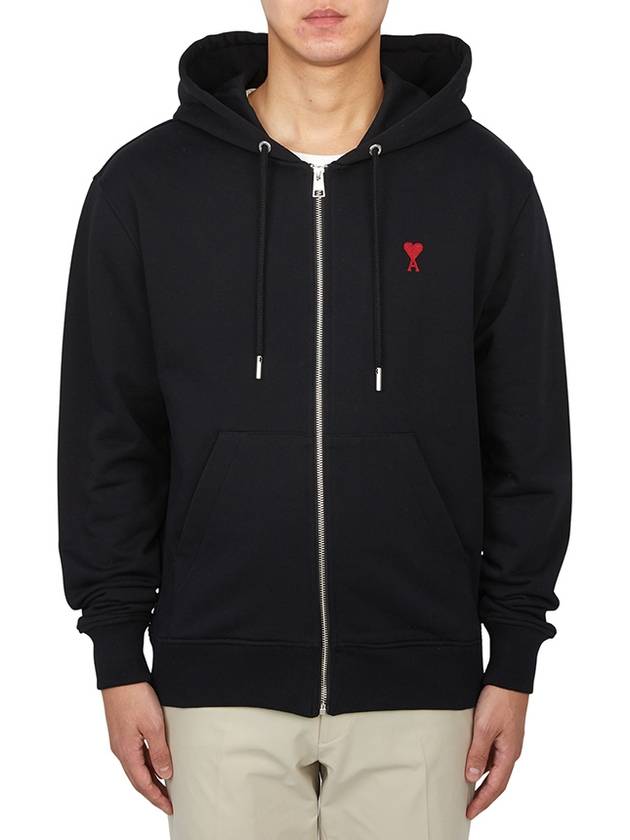 Heart Logo Drawstring Cotton Zip-Up Hoodie Black - AMI - BALAAN 2