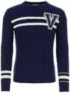 V Logo Virgin Wool Knit Top Navy - VALENTINO - BALAAN 1