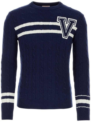 V Logo Virgin Wool Knit Top Navy - VALENTINO - BALAAN 1