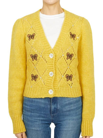 Embroidered Butterfly Pointel Alpaca Cardigan Yellow - ALESSANDRA RICH - BALAAN 2