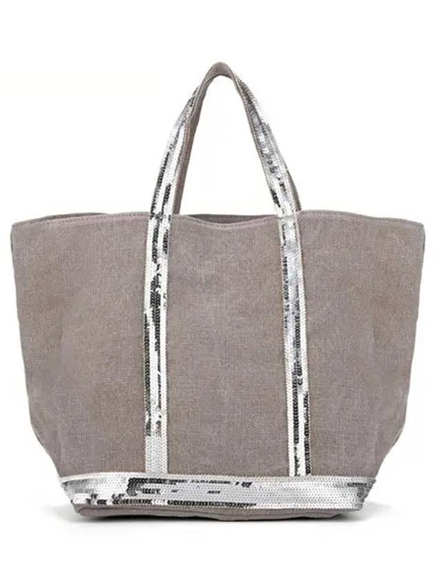 Cabas Linen Sequined Medium Tote Bag Grey - VANESSA BRUNO - BALAAN 3