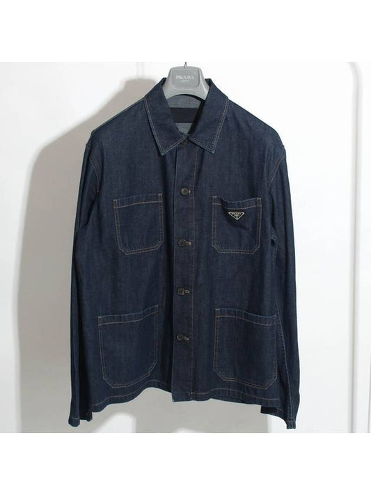 Triangle Logo Denim Shirt Jacket Navy - PRADA - BALAAN 1