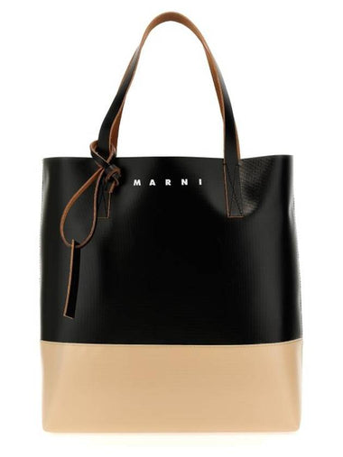 Tribeca Two Tone Deboss Logo Tote Bag Black White - MARNI - BALAAN 1