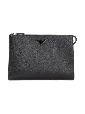 Men's Saffiano Leather Clutch Bag Black - PRADA - BALAAN 1