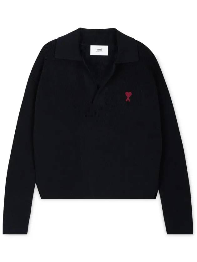 Small Heart Long Sleeve Polo Shirt Black - AMI - BALAAN 2