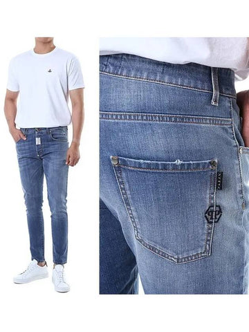 Signature logo embroidered stretch light blue washed jeans FACC MDT3560 PDE004N - PHILIPP PLEIN - BALAAN 1