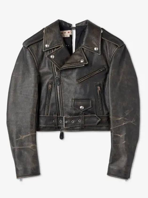 Women's Two-Tone Leather Crop Biker Jacket Black - MARNI - BALAAN 2