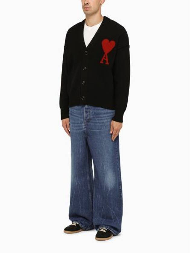 Heart Logo V Neck Wool Cardigan Black - AMI - BALAAN 5