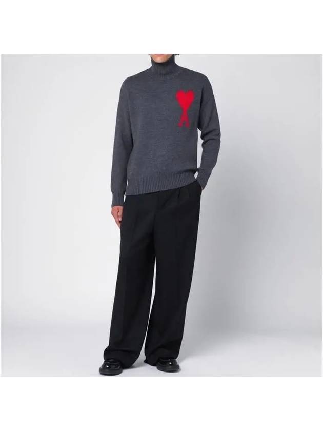 Big Heart Logo Wool Knit Turtleneck Grey - AMI - BALAAN 4