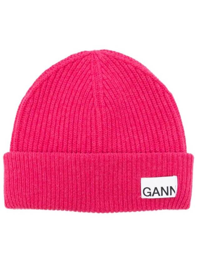 Logo Tag Knit Beanie Pink - GANNI - BALAAN 1