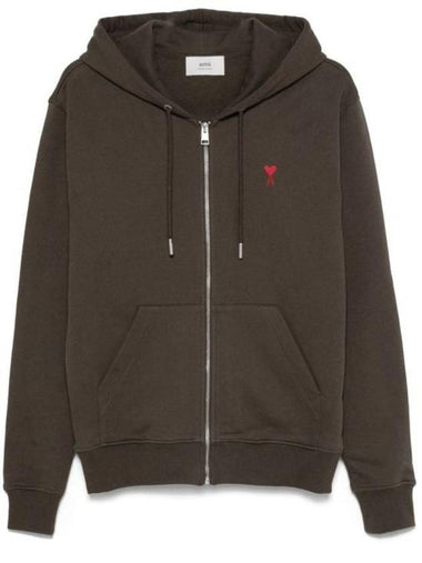 Red Small Heart Logo Cotton Hooded Zip-up Dark Coffee - AMI - BALAAN 1