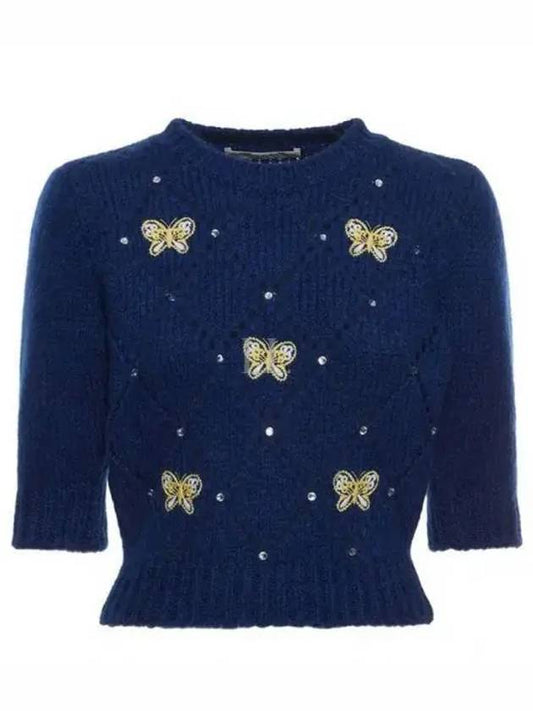 Women's Butterfly Embroidered Knit Top Blue - ALESSANDRA RICH - BALAAN 2