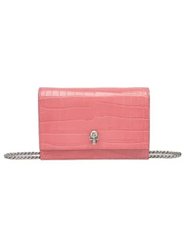 Small Shiny Croco Emboss Skull Chain Shoulder Bag Pink - ALEXANDER MCQUEEN - BALAAN 1