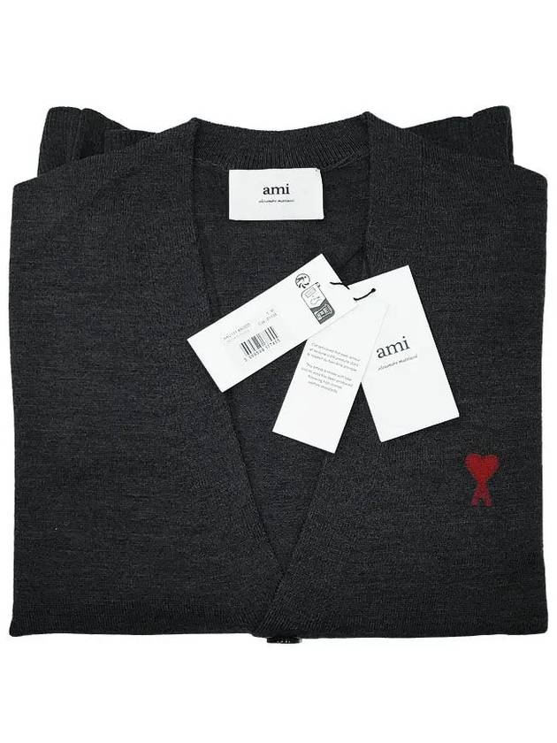 Red Heart Logo Merino Wool Cardigan Heather Grey - AMI - BALAAN 4