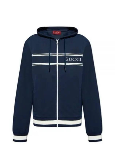 Logo Stripe Print Zip Up Hoodie Midnight Blue - GUCCI - BALAAN 2