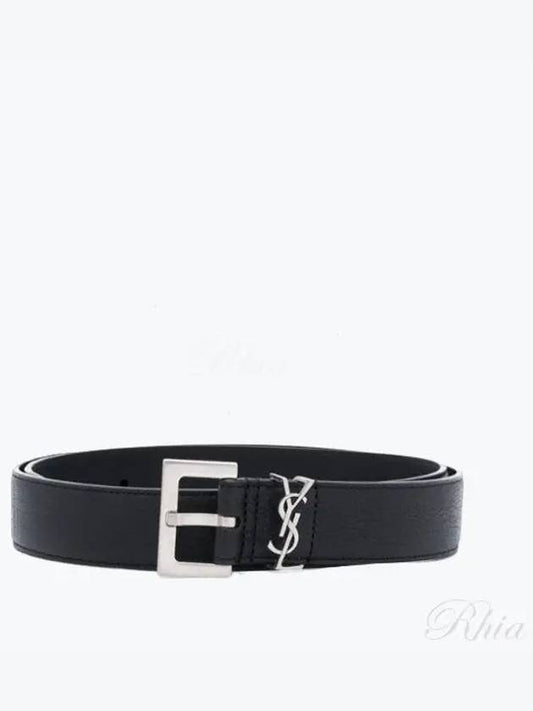 Silver Hardware Monogram Buckle Leather Belt Black - SAINT LAURENT - BALAAN 2