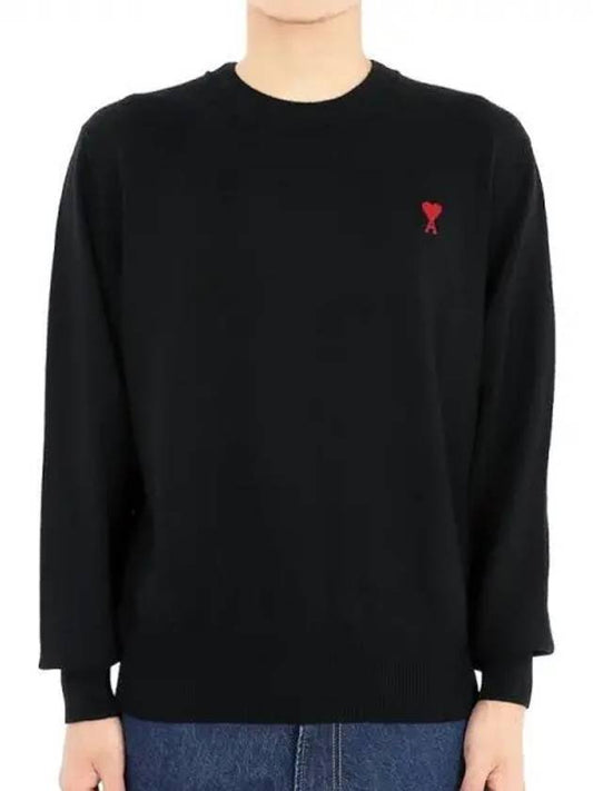 Heart Embroidered Logo Crew Neck Knit Top Black - AMI - BALAAN 2