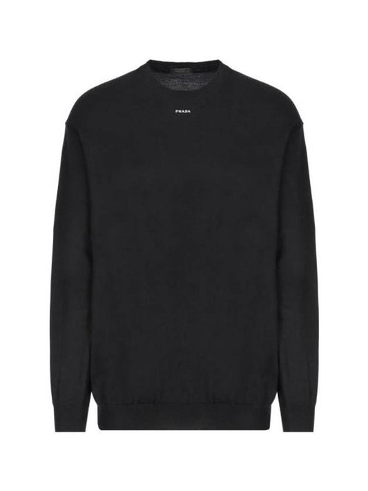 Logo Intarsia Crew Neck Sweatshirt Black - PRADA - BALAAN 1