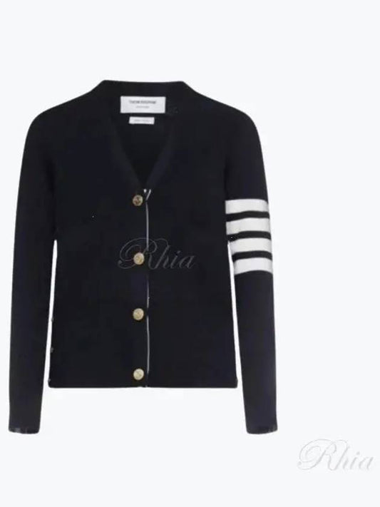 Milano Stitch 4 Bar Classic V Neck Fine Merino Wool Cardigan Navy - THOM BROWNE - BALAAN 2