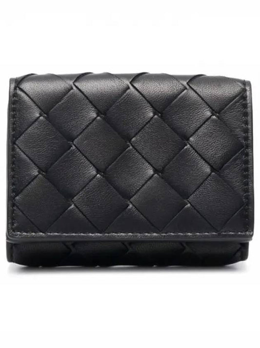 Tiny Tri-Fold Zipper Half Wallet Black - BOTTEGA VENETA - BALAAN 1