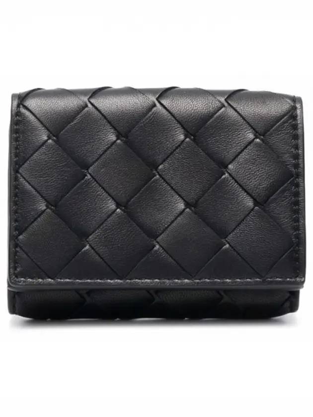 TINy Tri-Fold Zipper Half Wallet Black - BOTTEGA VENETA - BALAAN 1