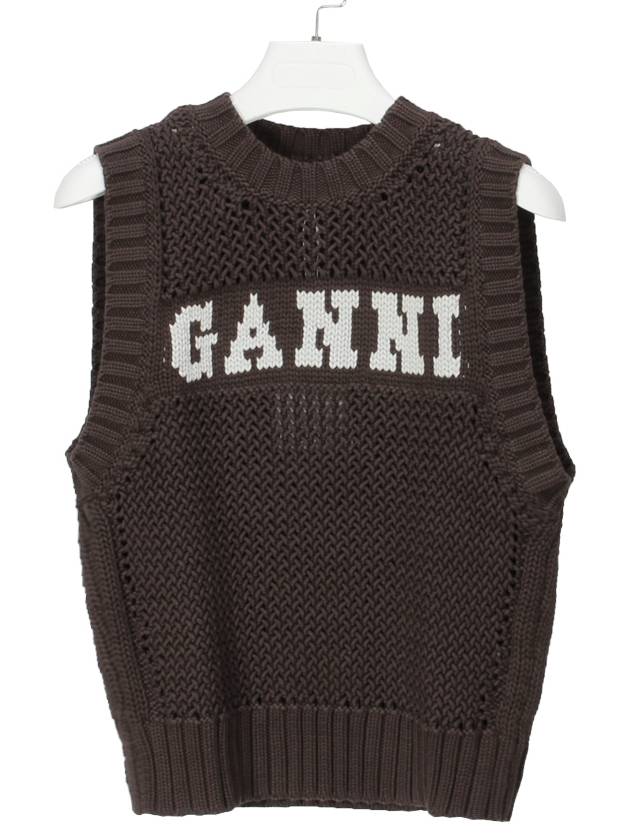 Logo Crochet Vest Knit Top Brown - GANNI - BALAAN 2