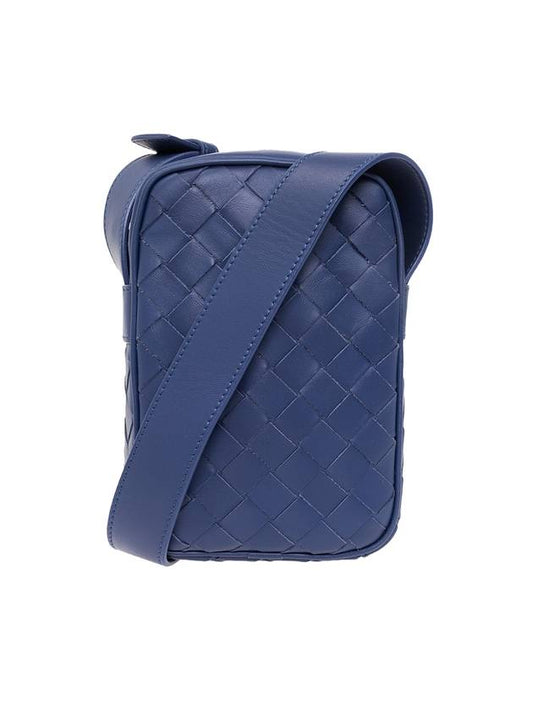 Men's Intrecciato Zippered Leather Mini Cross Bag Navy Blue - BOTTEGA VENETA - BALAAN.