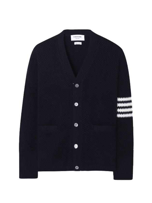 Seed Stitch Cotton High Neck Cardigan Navy - THOM BROWNE - BALAAN.