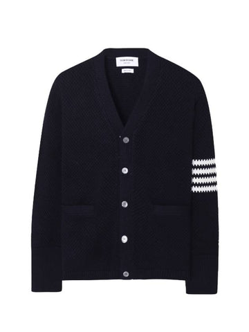 Seed Stitch Cotton High Neck Cardigan Navy - THOM BROWNE - BALAAN.