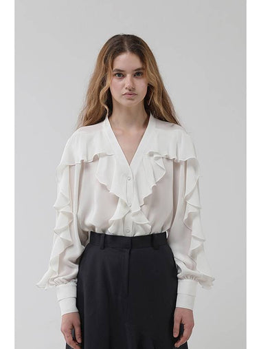 V neck ruffle trimming silk blouse white - CAHIERS - BALAAN 1