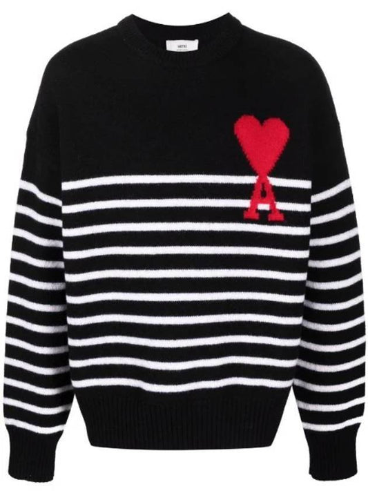 Paris Big Heart Embroidered Logo Wool Knit Top Black - AMI - BALAAN 1