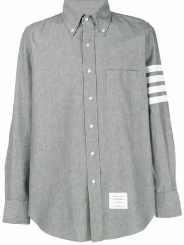 Men's Diagonal Shambray Print Nametag Straight Fit Long Sleeve Shirt Medium Grey - THOM BROWNE - BALAAN 2