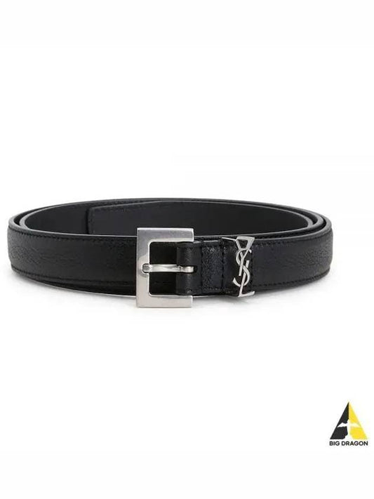 Men's Monogram Silver Buckle Leather Belt Black - SAINT LAURENT - BALAAN 2