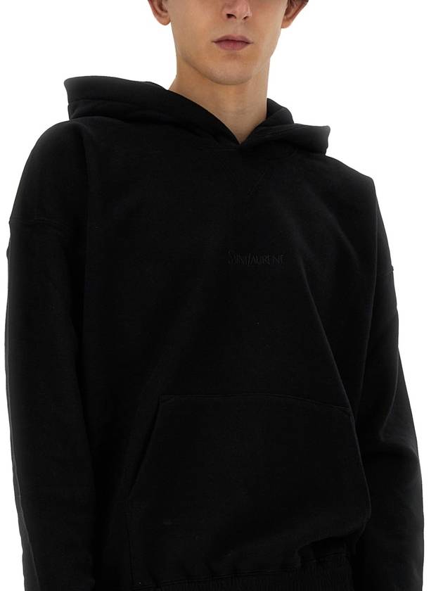 Embroidered Logo Ribbed Cuffs Cotton Hoodie Black - SAINT LAURENT - BALAAN 5