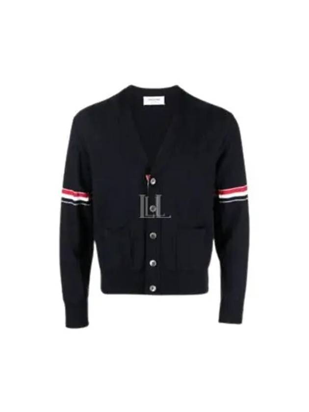 RWB V-neck Striped Virgin Wool Cardigan Navy - THOM BROWNE - BALAAN 2