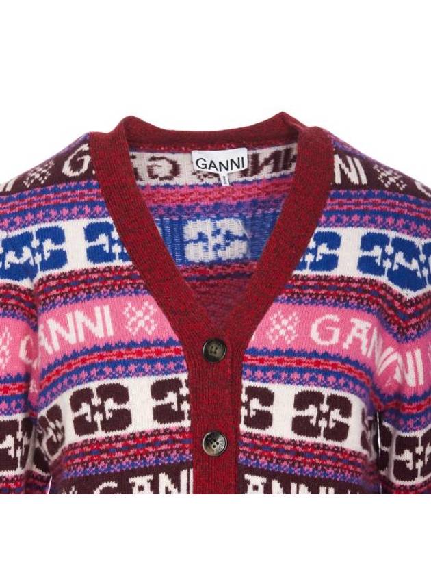 Intarsia Logo V-Neck Wool Mix Cardigan Pink - GANNI - BALAAN 5