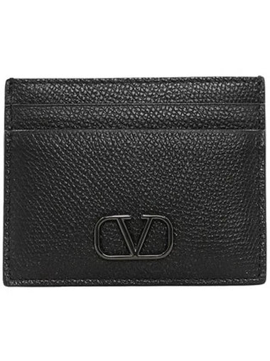 V Logo Leather Card Wallet Black - VALENTINO - BALAAN 1